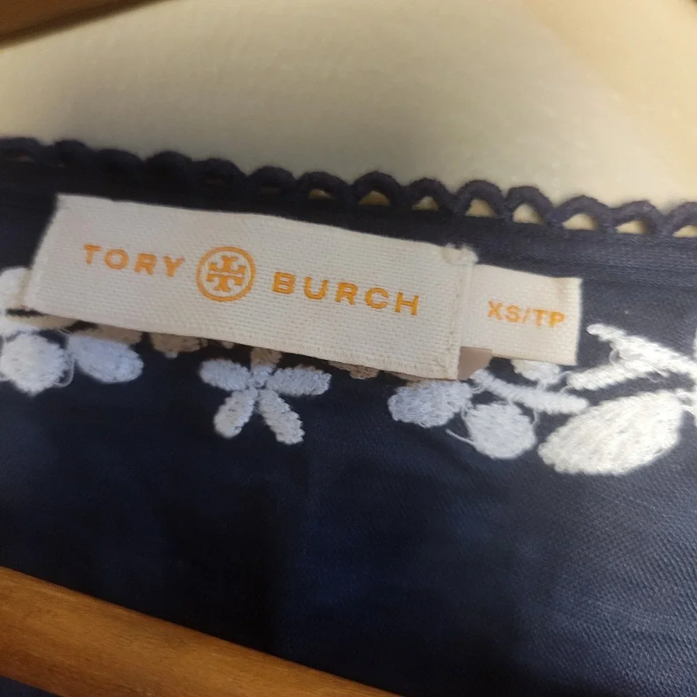 Tory Burch Linen Tunic Women XS Navy Blue Excellent Embroidered Boho V-Neck Top
